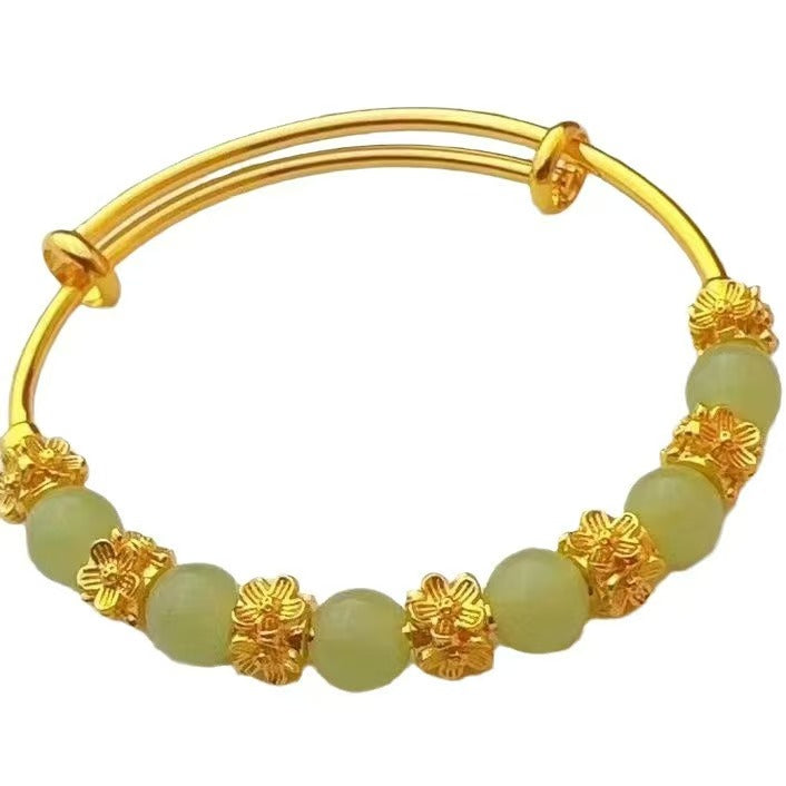 Brass Gold-plated Chalcedony Flower Pull Bracelet Hand Accessory Ancient Style Women's Light Luxury Versatile High-end Feeling Bracelet