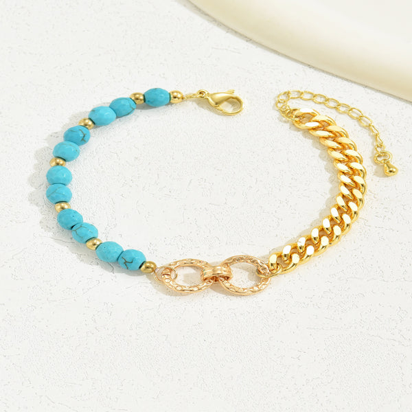 A Creative And Luxurious Instagram Style Double Ring Turquoise Multi Chain Mixed Bead Bracelet For Women's Vacation And Date Gifts